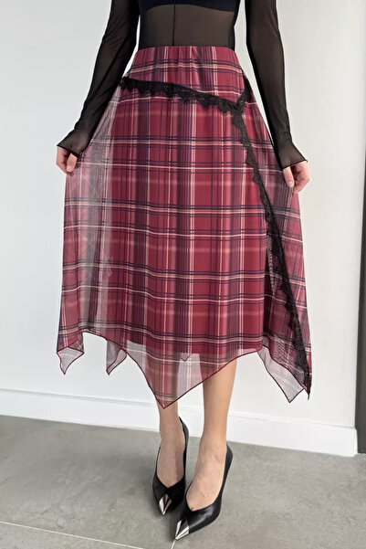 TOZLU Women's Asymmetrical Skirt with Elastic Waist, Plaid Pattern and Guipur...
