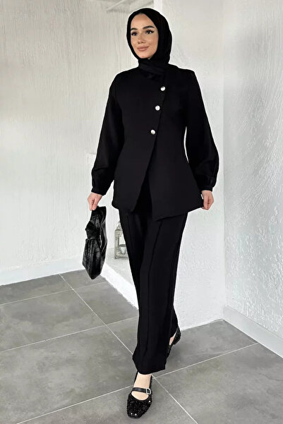 TOZLU Buttoned Blouse Pants Hijab Double Set