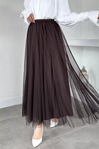 TOZLU Elastic Waist Stone Embroidered Tulle Hijab Skirt