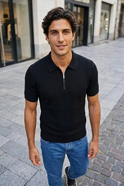 TOZLU Men's Polo Collar Half Zipper Patterned Knitwear T-Shirt