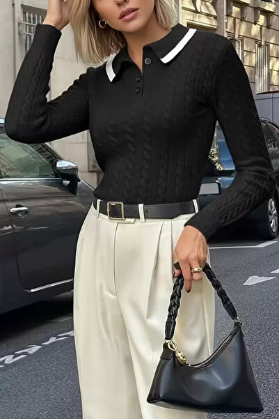 TOZLU Polo collar half buttoned women's knitwear sweater