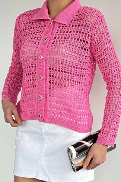 TOZLU Gülseli Women's Polo Collar Openwork Front Buttoned Knitwear Cardigan