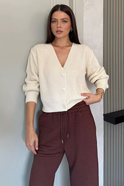 TOZLU V-Neck Front Buttoned Women's Knitted Sweater Cardigan