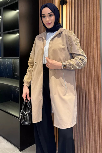 TOZLU Women's Pearl and Stone Embellished Waist Drawstring Hijab Trench Coat