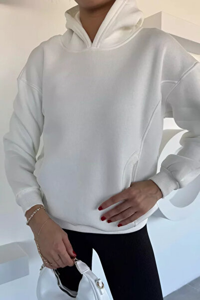 TOZLU Women's Hooded Kangaroo Pocket Three-Thread Ribbed Sweatshirt