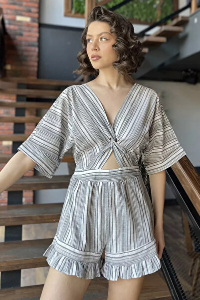 TOZLU Women's Striped Patterned Linen Shorts Jumpsuit