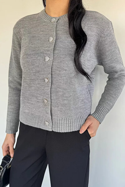 TOZLU Women's Stoned Heart Figured Buttoned Knitwear Cardigan