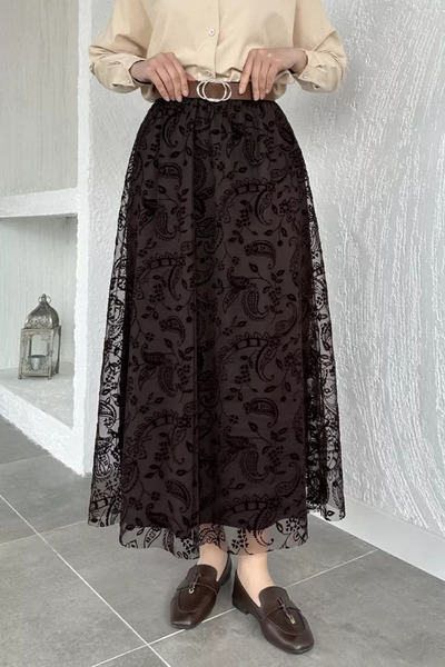 TOZLU Flock Printed Belted Hijab Skirt