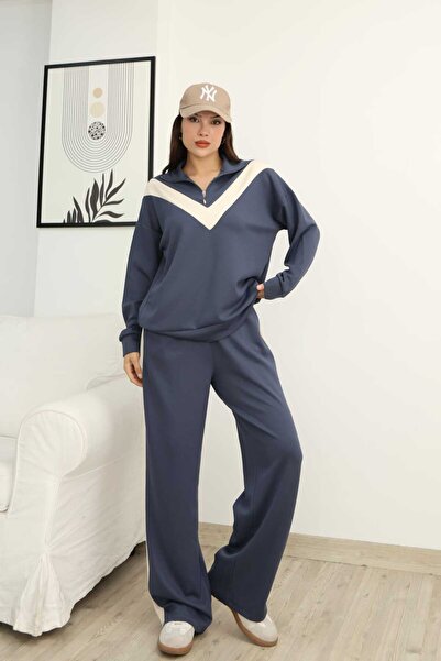 EVOA Women's Blue V Detailed Half Zipper and Stripe Detailed Pants Set