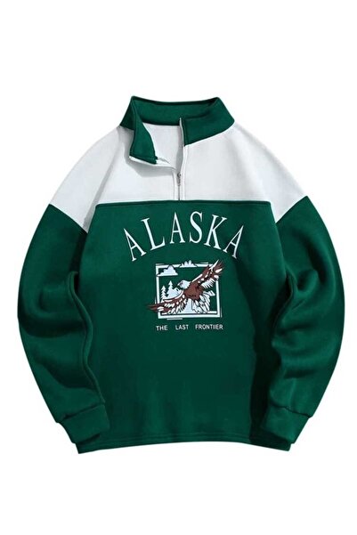 VESTIR BIEN Alaska Printed Half-Zip Crew Neck Cotton Sweatshirt