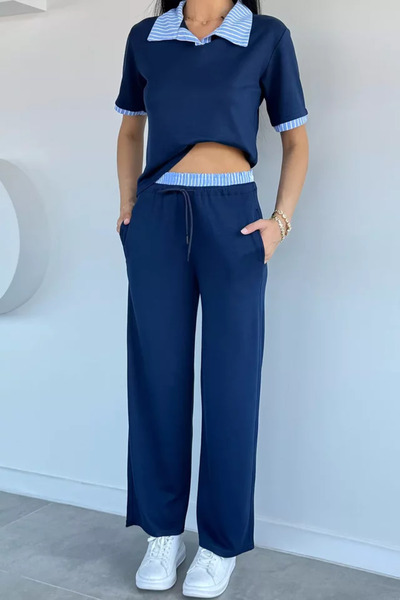TOZLU Women's Polo Collar Blouse and Elastic Waist Pants Two-Piece Set