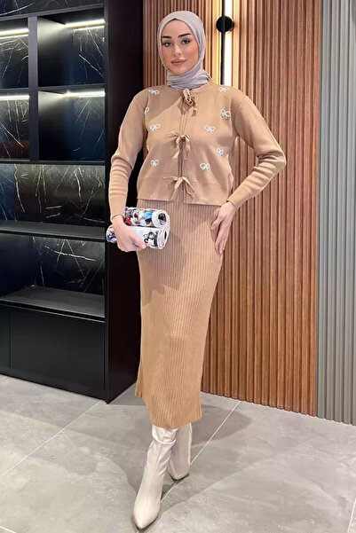 TOZLU Front Tie Pearl-Embellished Jacket Dress Hijab Knitwear Double Set
