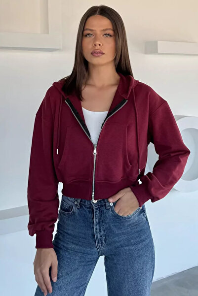 TOZLU Women's Front Zipper Hooded Double Pocket Sweatshirt