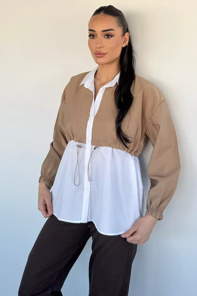 TOZLU Waist Drawstring Women's Parachute Paneled Shirt