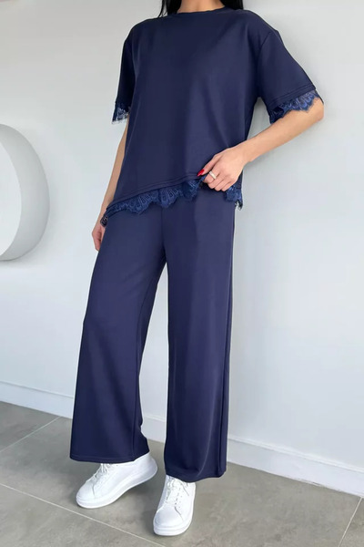 TOZLU Gülseli Women's Elastic Waist Pants Lace Detailed T-Shirt Double Set