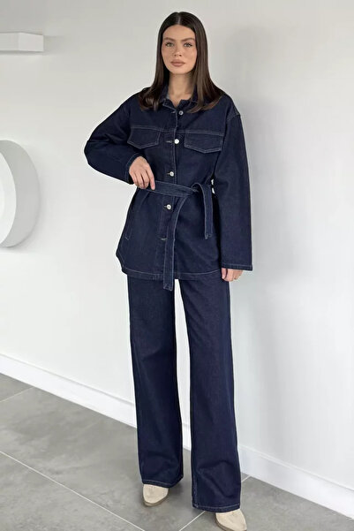 TOZLU Women's Waist Belted Jean Denim Jacket and Pants Two-Piece Set