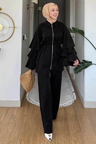 TOZLU Gülseli Sleeve Ruffled Tunic Elastic Waist Pants Hijab Double Set