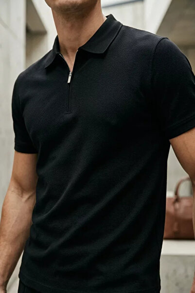 TOZLU Men's Polo Collar Half Zip Self Patterned T-Shirt