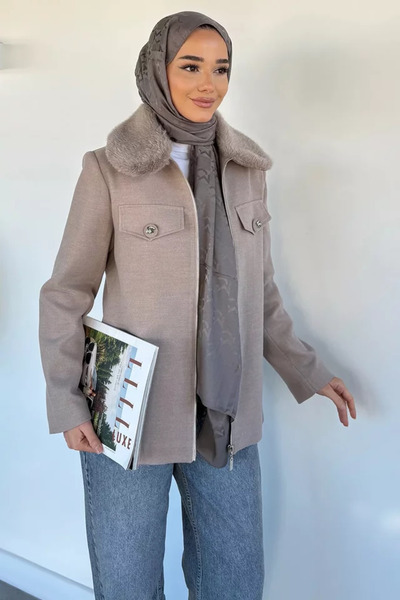 TOZLU Collar Plush Stone Embroidered Hijab Coat