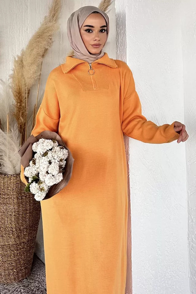 TOZLU Women's Front Zipper Detailed Hijab Knitwear Dress