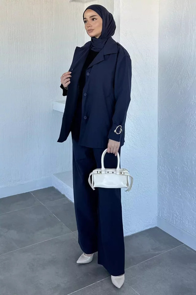 TOZLU Belted Lined Trench Trousers Hijab Two-Piece Set