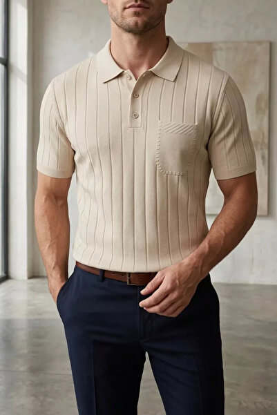 TOZLU Men's Polo Collar Half Button Knitwear T-Shirt