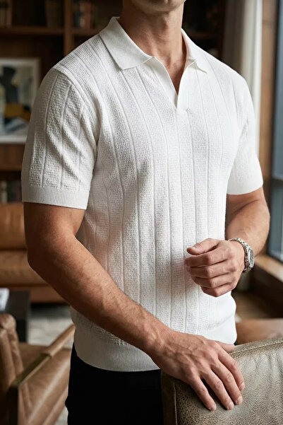 TOZLU Polo Collar Patterned Men's Knitwear T-Shirt