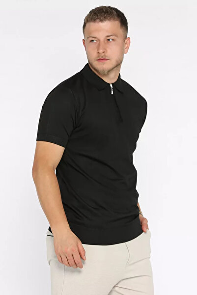 TOZLU Polo Collar Half Zipper Lycra Men's T-Shirt