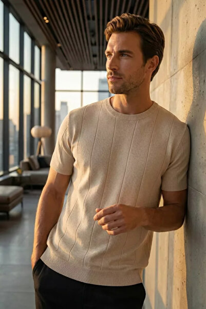 TOZLU Men's Crew Neck Striped Patterned Lycra Knitwear T-Shirt