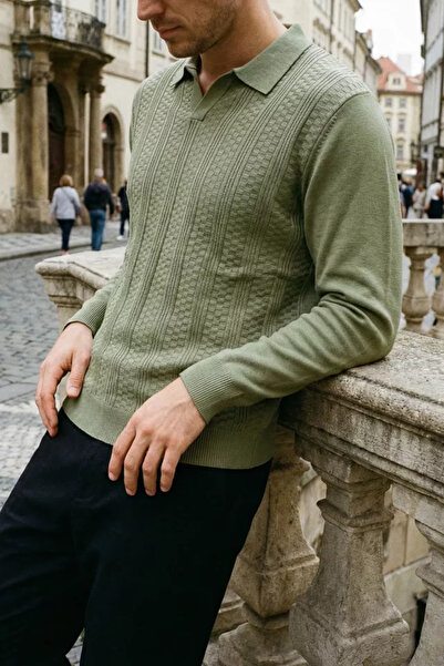 TOZLU Pulover tricotat pentru bărbați, cu guler polo și model propriu