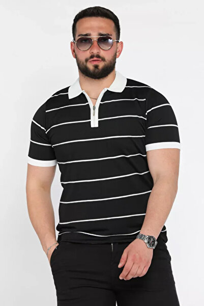 TOZLU Men's Polo Collar Half Zipper Striped Patterned Knitwear T-Shirt