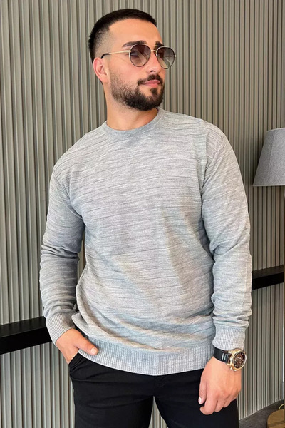TOZLU Men's Crew Neck Striped Knit Sweater