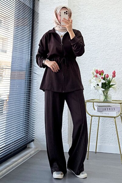 Moda Aydın Butik Drawstring Waist Zippered Top and Bottom Set - Brown