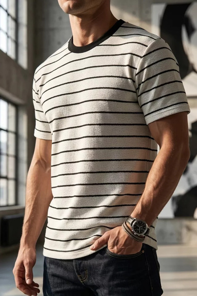 TOZLU Tricou pentru bărbați cu decolteu rotund și model în dungi