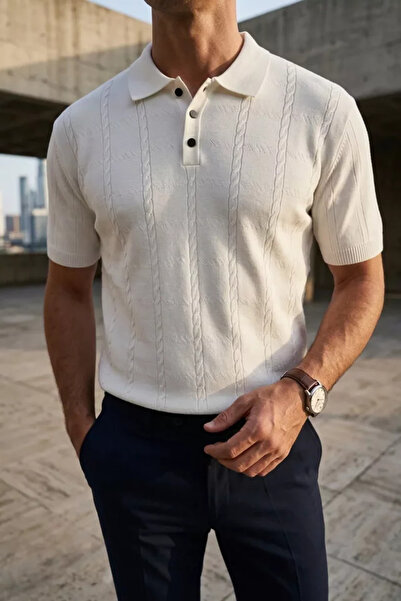 TOZLU Men's Polo Collar Half Button Knitwear T-Shirt