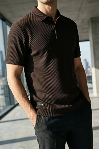 TOZLU Men's Ribbed Polo Neck T-Shirt