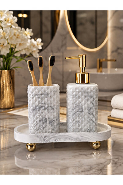 lufen deco Mermer Desenli Beton Gold Ayaklı 3'lü Banyo Seti Sabunluk Diş Fırç...