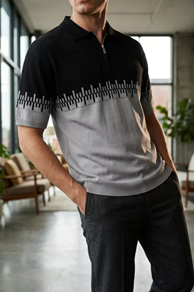 TOZLU Men's Polo Neck Front Half-Zip Knitwear T-Shirt