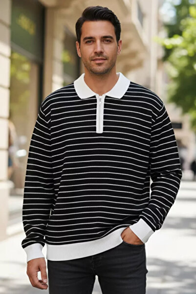 TOZLU Men's Polo Collar Half Zipper Striped Patterned Knitwear Sweater