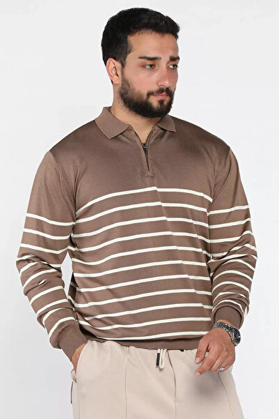 TOZLU Men's Polo Collar Half Zipper Striped Patterned Knitwear Sweater