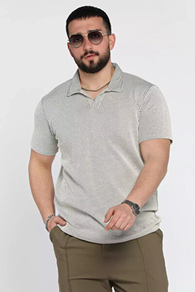 TOZLU Men's Polo Collar Striped Patterned Lycra T-Shirt