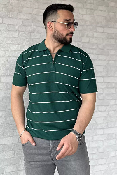TOZLU Men's Polo Collar Half Zipper Striped Patterned Knitwear T-Shirt