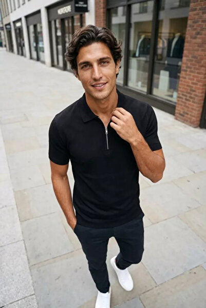 TOZLU Men's Solid Color Half Zip Polo Collar Knitwear T-Shirt