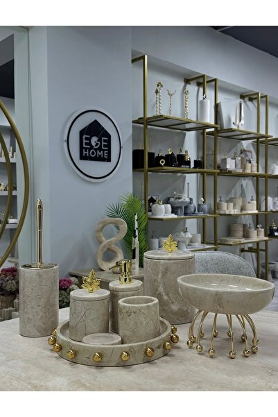 Ege Home Decoration Decorative Natural Beige Marble 8 Piece Gold Maple Leaf B...