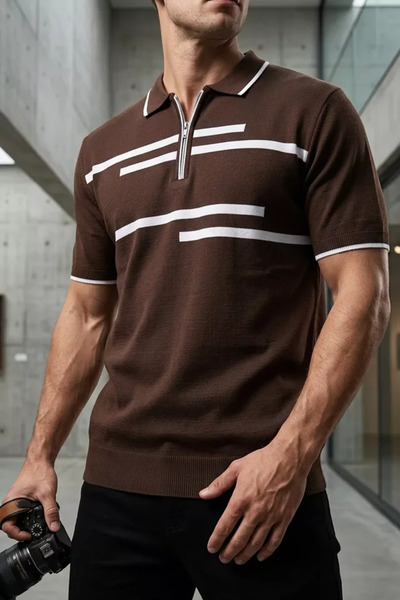 TOZLU Zippered Striped Polo Collar T-Shirt