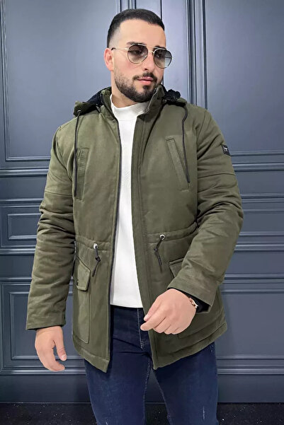 TOZLU Men's Hooded Plush Gabardine Coat