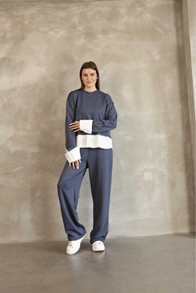 EVOA Women's Blue Oversize Shirt and Piping Detailed Two-Piece Set