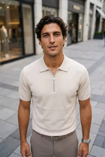 TOZLU Men's Solid Color Half Zip Polo Collar Knitwear T-Shirt