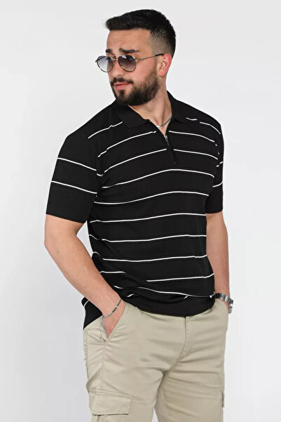 TOZLU Men's Polo Collar Half Zipper Striped Patterned Knitwear T-Shirt