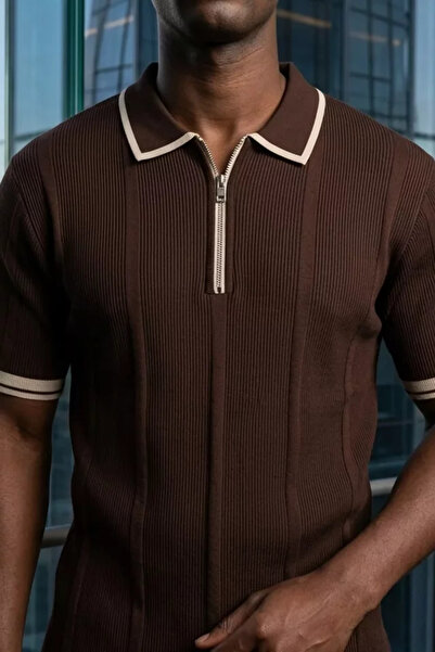 TOZLU Men's Polo Collar Half Zipper Striped Patterned Lycra Knitwear T-Shirt